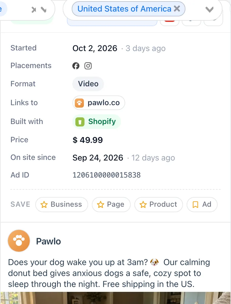 An ad card in PrivAdSpy: started 3 days ago, Shopify store, price $49.99, product added 12 days ago