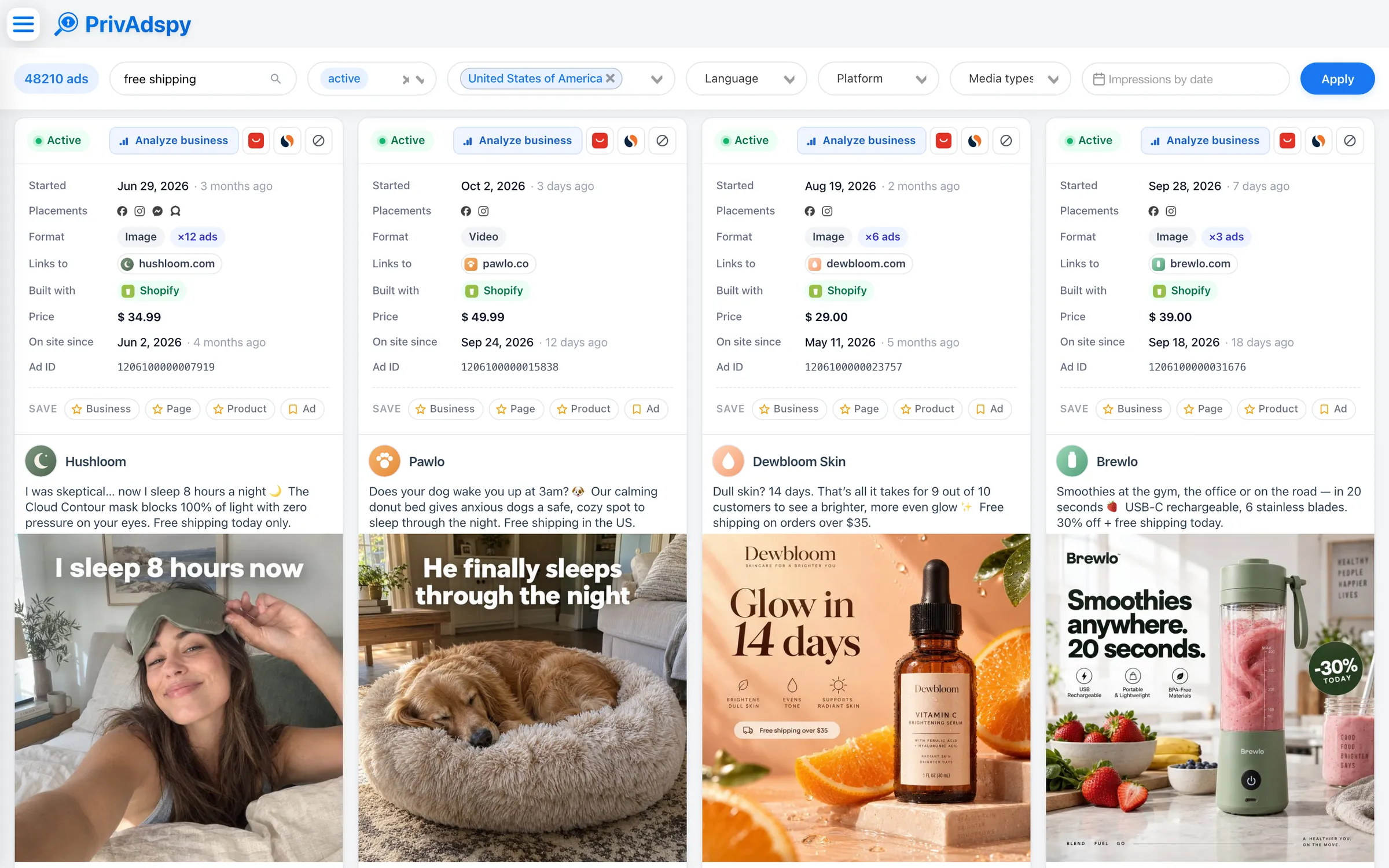 PrivAdSpy Ads Search: live ads from online stores, each with its launch date, platforms, store platform, price and number of copies